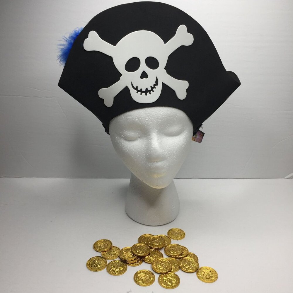 Darico Halloween Pirate Dress Up Costume Captain Hat Feather 19 Gold Coins Doubl